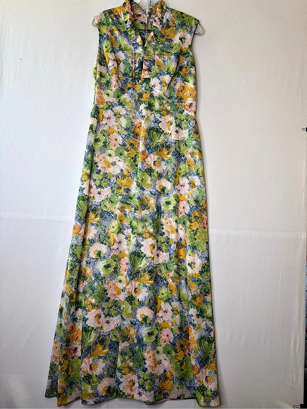 Vintage 70s Green Yellow Floral Ruffle Stand Collar Maxi Dress Cottagecore